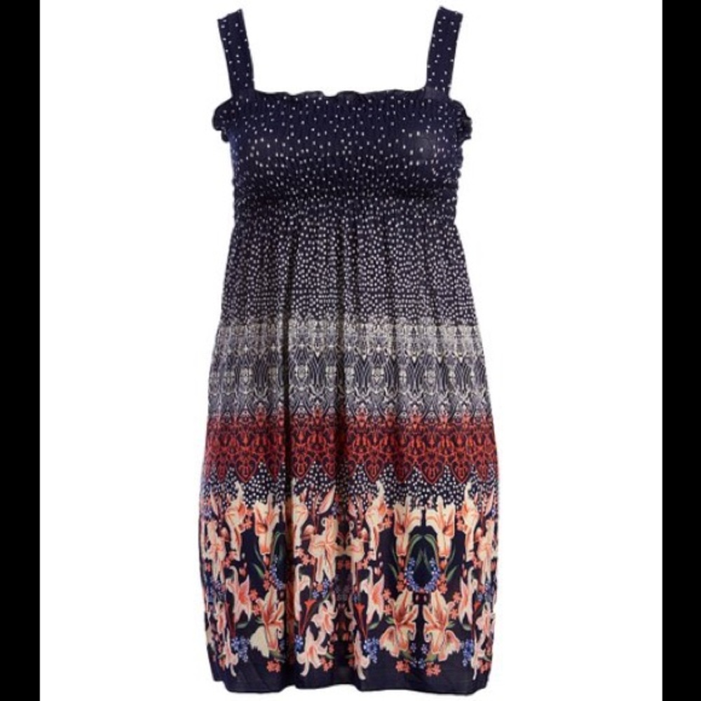 Navy and red shirred a-line dress